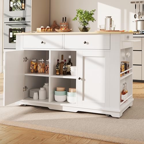 Oslghy Isla De Cocina, Carro de Cocina con Encimera Extensible, Mueble Auxiliar de Salon con Ruedas y Tomas de Corriente, Mueble Buffet con Cajones y Puertas, 151.5x59.7-84.7x91.7cm (Blanco)