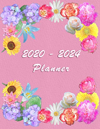 2020 - 2024 - Five Year Planner: Agenda for the next 5 Years - Monthly Schedule Organizer - Appointment, Notebook, Contact List, Important date, ... Pink Pastel Color with Flower composition