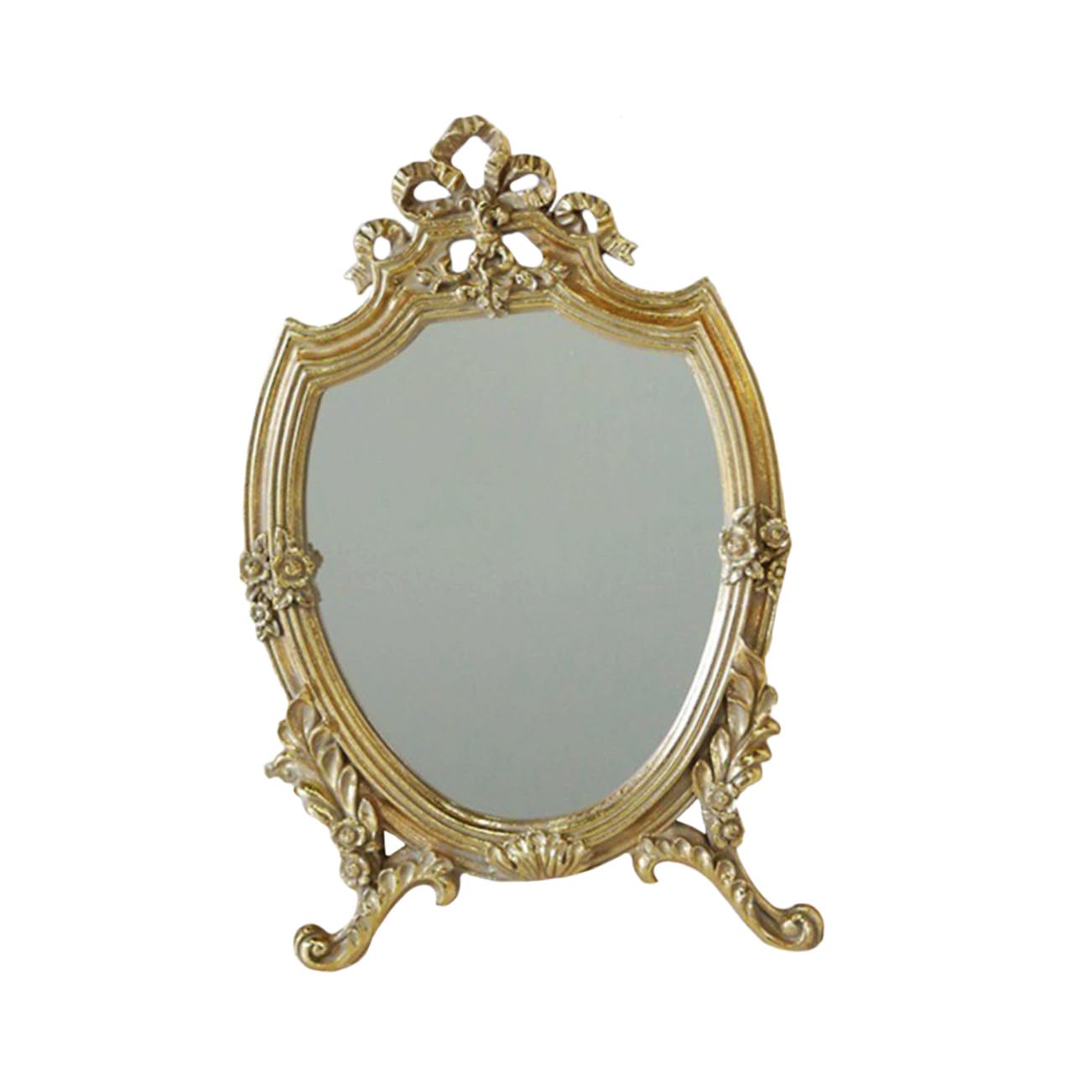 Miroir de Maquillage Ancien Doré en Résine et Verre Sculpté Main