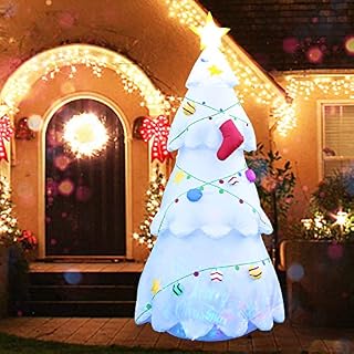 JJ JUJIN Outdoor 8 FT Inflatable White Christmas Tree with LED Lights, Colorful Holiday Lawn Decoration, Indoor or Outdoor Inflatable Christmas Decoration, Fun Xmas Blow Up with Ground Stakes