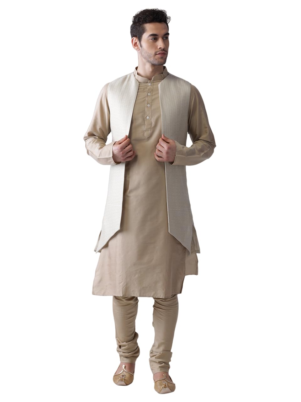 Kisah Men's Kurta Jacket Churidar Set, Cream Jacquard, Ethnic Motifs Mandarin Colla Regular Fitr Long Sleeves (L)