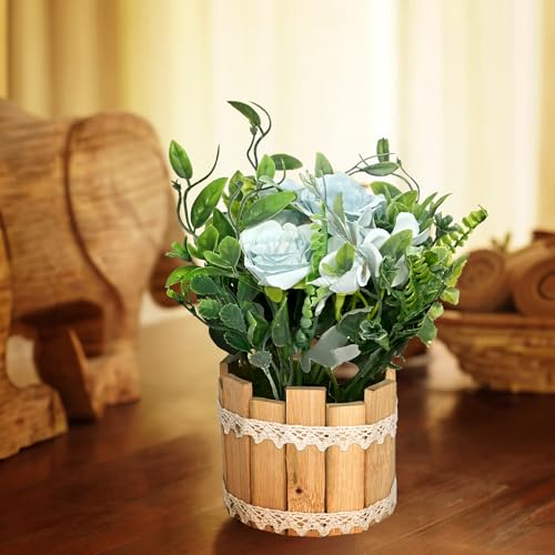 Image of Cortina Wooden Pot Straw Combination | Home Decor Items for Living Room Balcony Kitchen Bedroom Office Table Top Decoration - Light Blue, 20X10