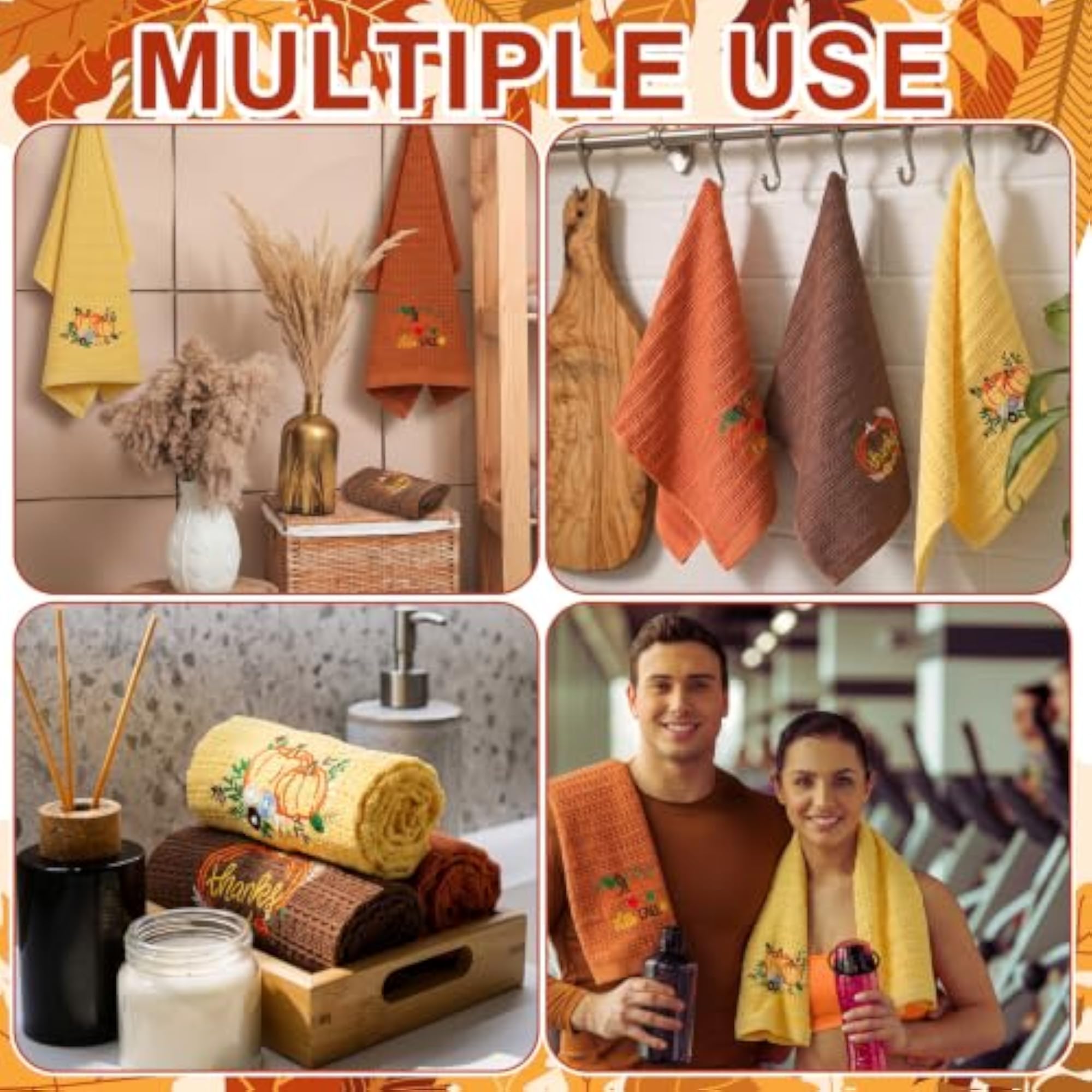 3 Pcs Hello Fall Pumpkin Waffle Hand Towels for Bathroom