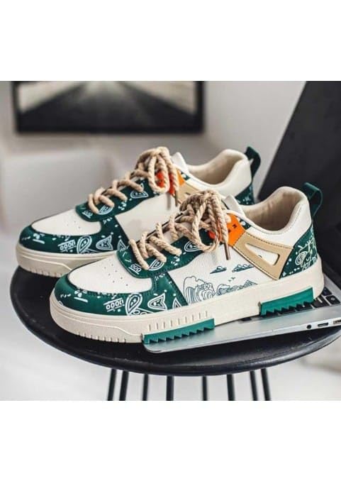 Image of azalya Artistic Wave Print Sneakers, Black and White, Platform Style with Orange Accents Korean Retro Style Comfortable Printed Sneaker Shoes for Men.
