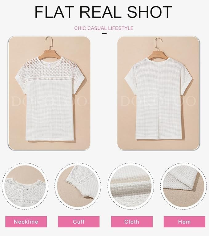 Dokotoo Women's Tops Casual Scoop Neck Short Sleeve Waffle Knit Hollow Out Shirts Loose Tunic Tops Blouses - Image 6