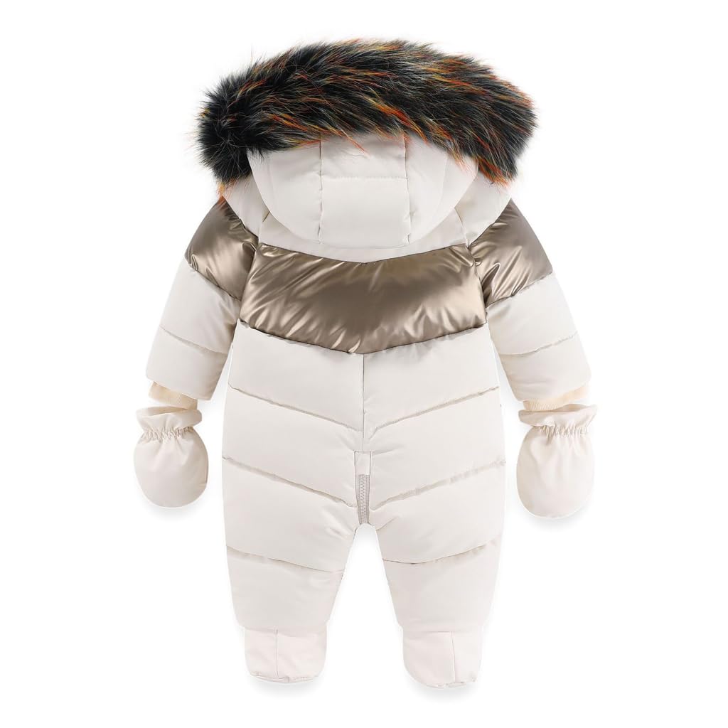 Winter Baby Jungen Schneeanzug Kapuze Strampelanzug Kleinkind Mädchen Fleece Strampler Füßlinge Oberbekleidung Reißverschluss Mantel Outfits mit Handschuhen Weiß 12-18 Monate