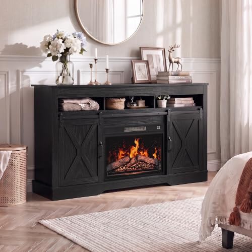Image of RoyalCraft Farmhouse 34 inch Tall Fireplace TV Stand for 65+ Inch TV, Black