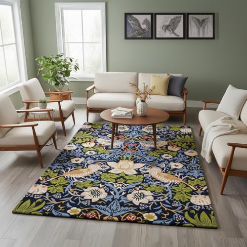 Image of Contemporary Strawberry Wool Area Rug - Handmade Garden-Inspired Floral & Botanical Carpet | Thick, Durable Design, Perfect for Living Room & Bedroom (Navy, 3' x 5')