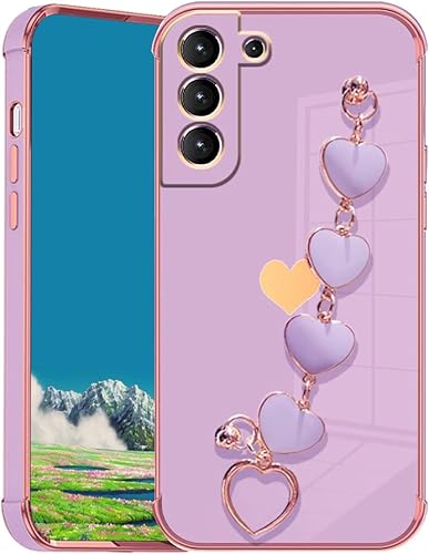 Compatible con Samsung Galaxy S22 Plus Funda de silicona con correa de muñeca de corazón y cadena rosa, funda para teléfono Samsung S22 Plus, funda