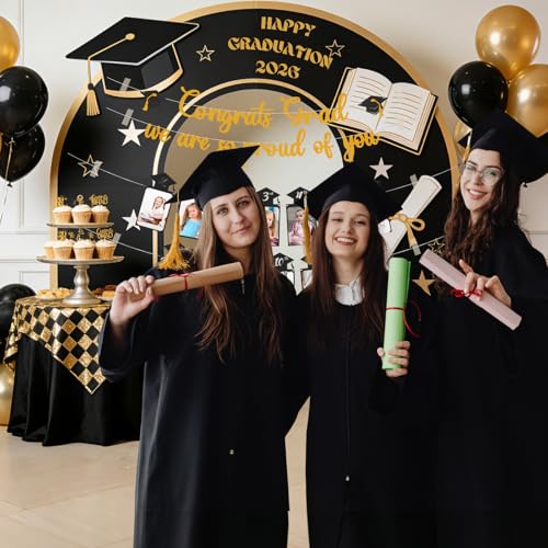 Image of Glitter Black Gold Graduation Photo Banner for 2026 Graduation Party Decorations Congrats Grad We are So Proud of You Banner Kindergarten to 12th Grade Picture Banner for 2026 High School Grad Congratulation Party Backdrop Decorations Photo Props