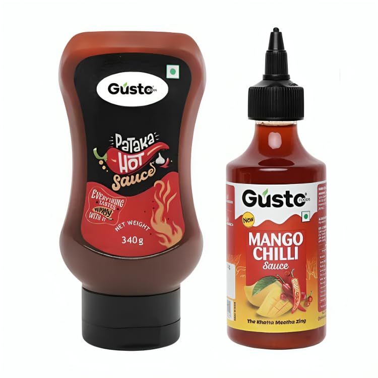 Image of Gusto Foods Mango Chilli (240 gm) & Spicy Hot Chili Sauce (340gm) Combo | Made with Fresh Alphanso Mangos & Sankeshwari & Kashmiri Chillies | Extra Spicy Chili Garlic | Red Hot Pataka Sauce