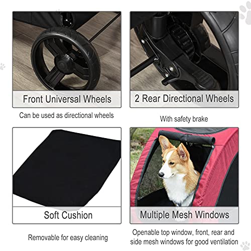 PawHut Pet Stroller Universal Wheel with Storage Basket Ventilated Foldable Oxford Fabric for Medium Size Dogs, Red - Image 7