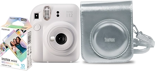 Kit Câmera Instax Mini 12 com pack 10 fotos Mermaid Tail e Bolsa Prateada