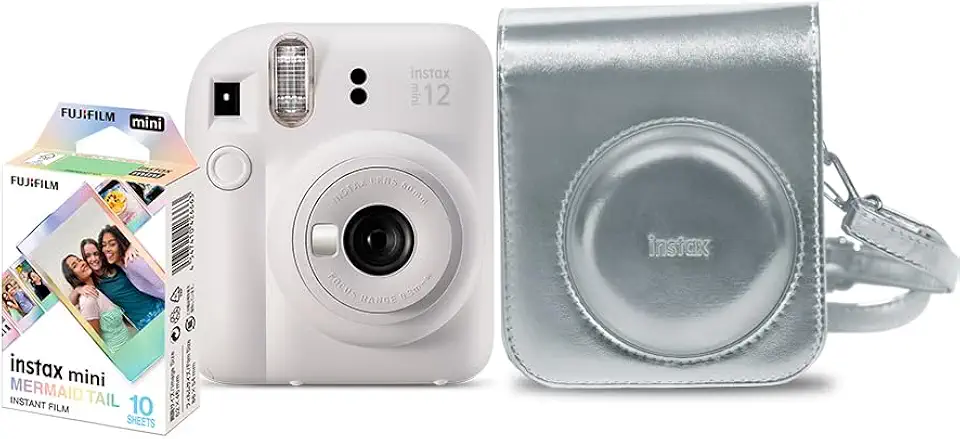 Kit Câmera Instax Mini 12 com pack 10 fotos Mermaid Tail e Bolsa Prateada