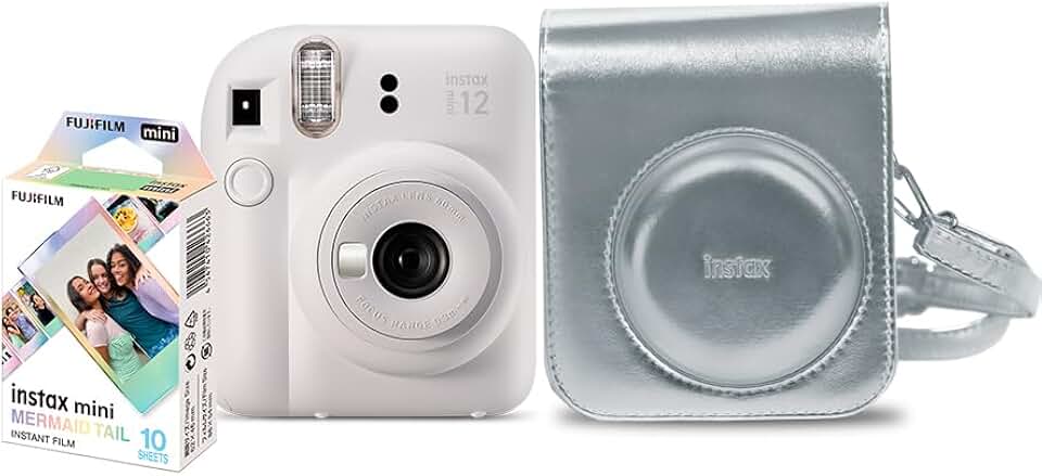 Kit Câmera Instax Mini 12 com pack 10 fotos Mermaid Tail e Bolsa Prateada