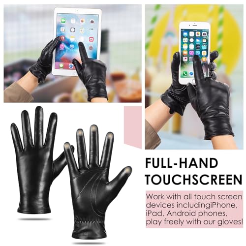 Image of Winter Sheepskin Leather Gloves for Women, Touchscreen Gloves with Thermal Cashmere Lining, Fashion Driving Gloves