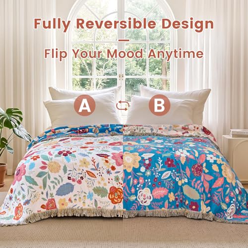 Image of MSGKV Boho Throw Blanket 50 inchx60 inch Fall Cotton Floral Blanket for Couch