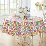 Newbridge Easter Egg Color Explosion Vinyl Flannel Backed Tablecloth, Cheerful Spring Easy Care Vinyl Tablecloth with Flannel Backing, 70 inch Round