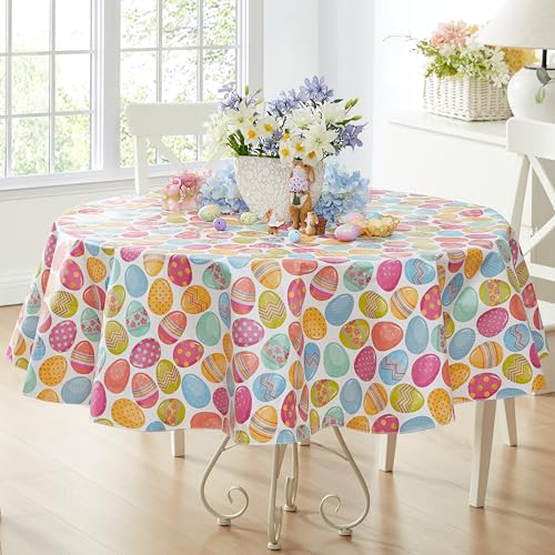 Newbridge Easter Egg Color Explosion Vinyl Flannel Backed Tablecloth, Cheerful Spring Easy Care Vinyl Tablecloth with Flannel Backing, 70 inch Round