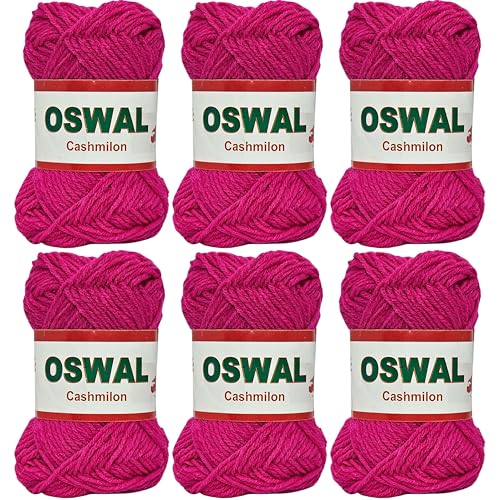 Woolco Oswal Cashimlon Acrylic Hand Knitting Yarn Balls Pack of 6 (20g Each) -Soft Wool Yarn for Knitting, Craft, DIY Projects, Sweaters, Scarves, Multicolor Wool Thread for Home Use (Vibrant Pink)
