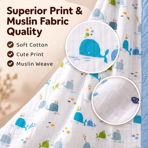 Image of StarAndDaisy Muslin Cotton Blanket 110 x 110 cm, Soft Lightweight Baby Blanket with Whale Print, Breathable Muslin Wrap for Newborns, Infants and Toddlers.