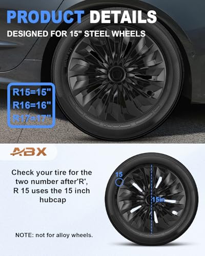 Image of ABX Hubcap Wheel Covers Hub Caps 15 Inch Set of 4 Black Universal Wheel Rim Cover R15 Stylish Car Decor Wheel Covers for Toyota Camry Nissan Mazda (TT Black, 15 inch)