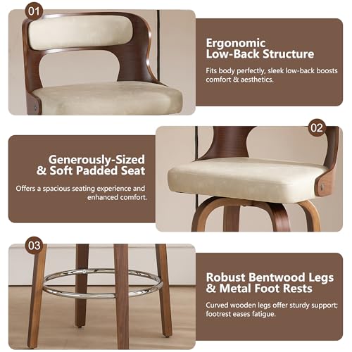 Image of Swivel Bar Stools Set of 3, 26 inch Counter Height Bar Stools, Mid-Century Modern PU Leather Modern Island Chairs with Back and Footrest, for Kitchen, Bar, Restaurant, Cafe (Beige Gray)