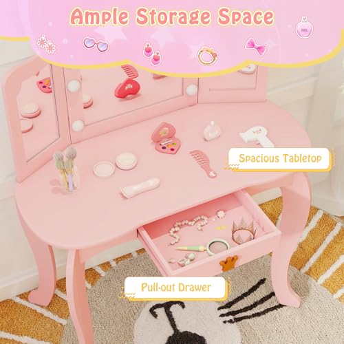 Image of KOTEK Kids Vanity with Lights, Crown Girls Vanity Set w /Tri-Folding Mirror, Detachable Top, Stool & Drawer, Wooden Toddler Makeup Desk, Pretend Play Kids Vanity Table and Chair Set (Pastel Pink)