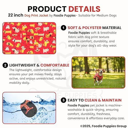 Image of Foodie Puppies Dog Winter Jacket - (Dog Printed, 22 Inch) for Medium Dogs | Ultra Warm Waterproof & Windproof Coat | Adjustable Velcro Closure, Washable Vest for Cold Weather, Indoor & Outdoor Use