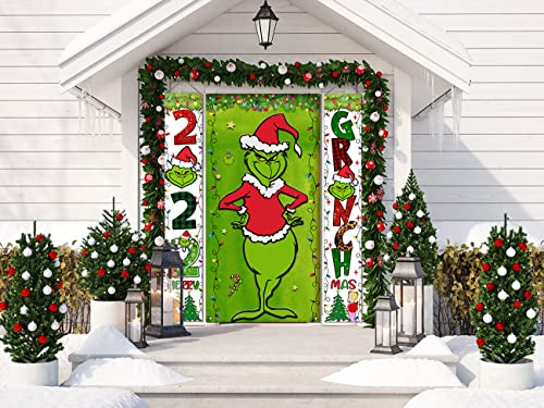 Grinch Christmas Door Cover Decorations Grinch Green Backdrop Merry Christmas Porch Sign For Indoor Outside Front Door Party Supplies #TOP2
