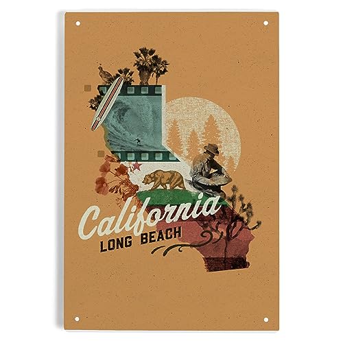 Lantern Press 6x9 Inch Metal Sign, Long Beach, California, State Photomontage, State Series