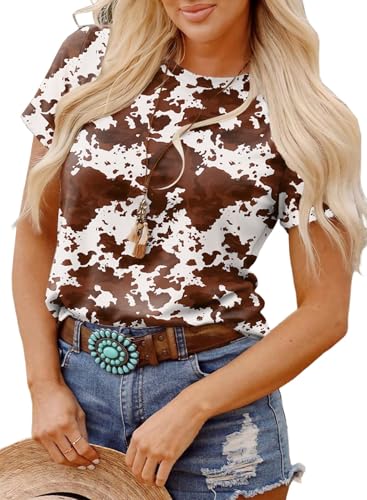 SHEWIN Womens Summer Tops Short Sleeve T-Shirts Western Graphic Cute Casual Printed Loose Crew Neck Cowgirl Tees Blouses 2026 Fashion Spring Clothes Size M Brown