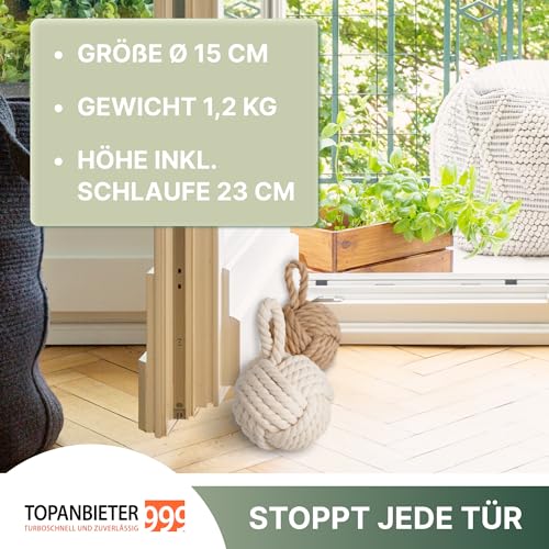 TOPANBIETER 999 2er Set Deko Türstopper Jute natur und cremweiß Türhalter Fensterpuffer Bodenstopper Tür Stopper Knoten Natur Strick Kugel mit Schlaufe ca. 1,5 kg