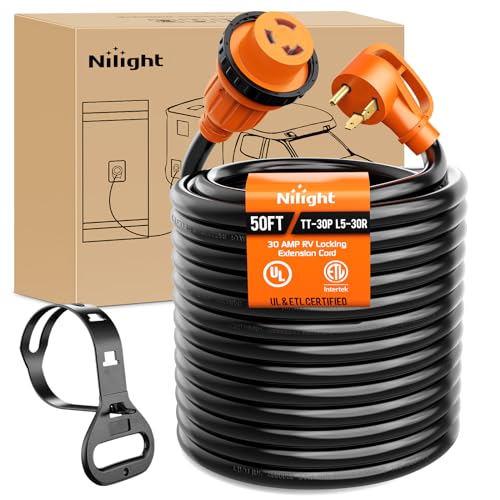 Image of Nilight 30 Amp 50FT RV Locking Extension Cord 125V Heavy Duty 10 Gauge Pure Copper STW Wire ETL Listed 3 Prong TT-30P L5-30R 30F /30M Weatherproof Suit for Camper Trailer