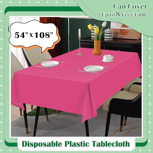 Image of Hot Pink 14 Pack 54 x 108 Inch Plastic Tablecloths, Disposable Rectangle Plastic Tablecloth, Party Table Cover Plastic Table Cloth