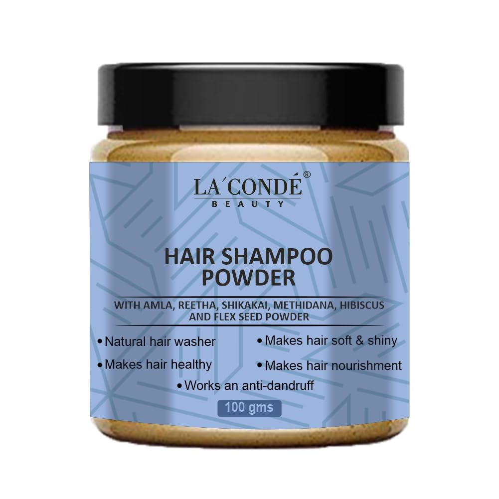 LA'CONDE Natural Hair Shampoo Powder 6 in 1 | With Amla, Reetha, Shikakai, Methi, Hibiscus & Flax Seed | Herbal Hair Cleanser for Hair Growth, Strong Roots, Dandruff Control & Shine | Men & Women (100g)-image-7