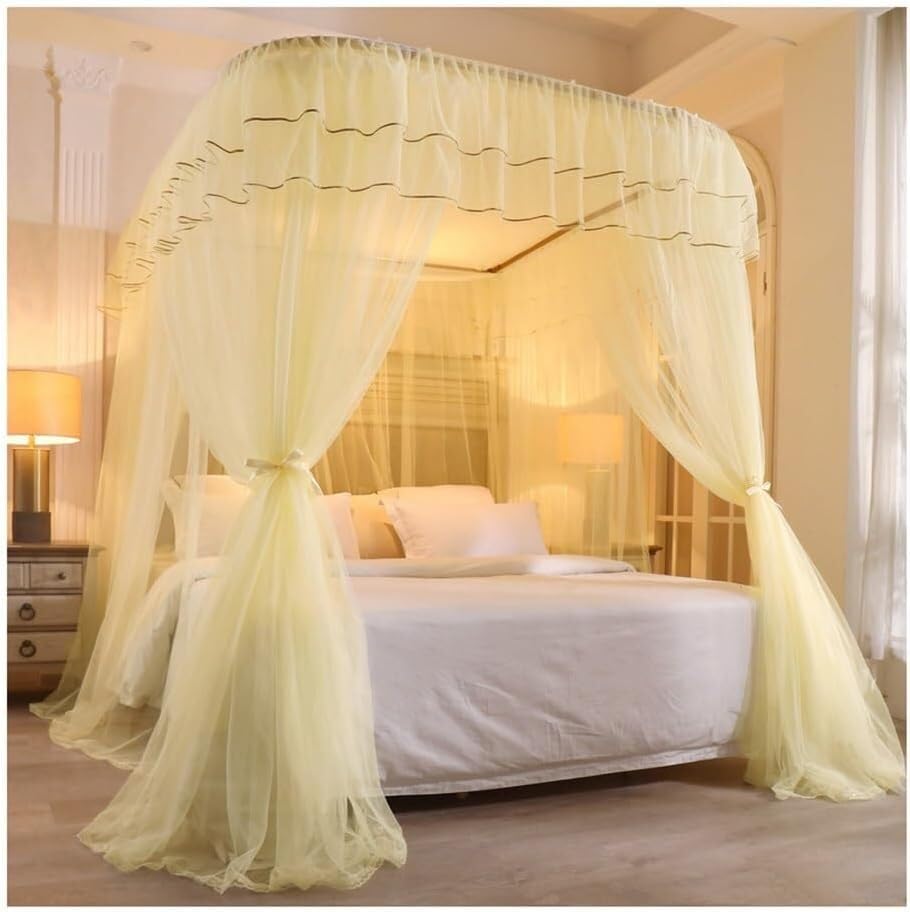 Moustiquaire baldaquin grand lit jaune 180x220 cm avec structure métallique premium