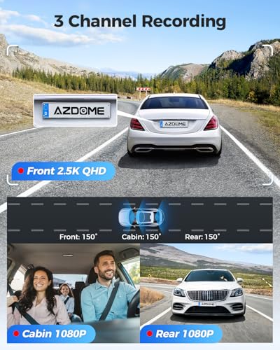 AZDOME 3 Channel WiFi 6 Dash Camera for Cars, 2.5K+1080P+1080P Dash Cam Front and Rear Inside, 64GB Card Included, 3.18\" IPS Screen Car Camera with GPS, Parking Mode, IR Night Vision, WDR (M590) - Thumbnail 2