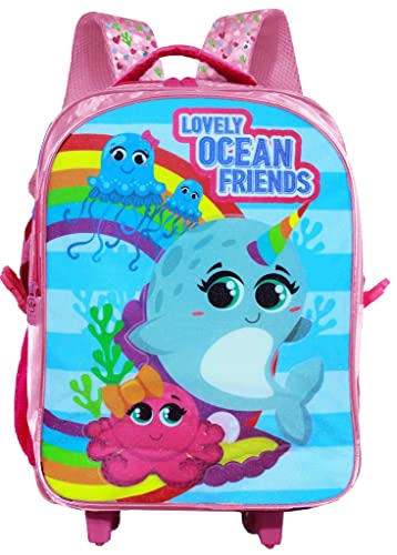 Mochila Bolsa Reforçada Escolar Infantil Menina Unicórnio Baleia Naval Brilhosa Rodinha Costas Lanch