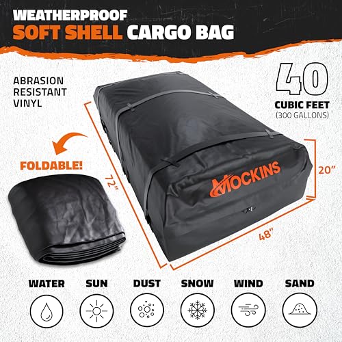 Image of Mockins 72 inchx48 inchx20 inch XXL Roof Cargo Bag for Top of Car, Truck, & SUV | 40 CuFt Weatherproof Car Topper Luggage Carrier Waterproof Bag | Soft-Shell Vinyl Car Rooftop Cargo Carrier Bag w /Accessories