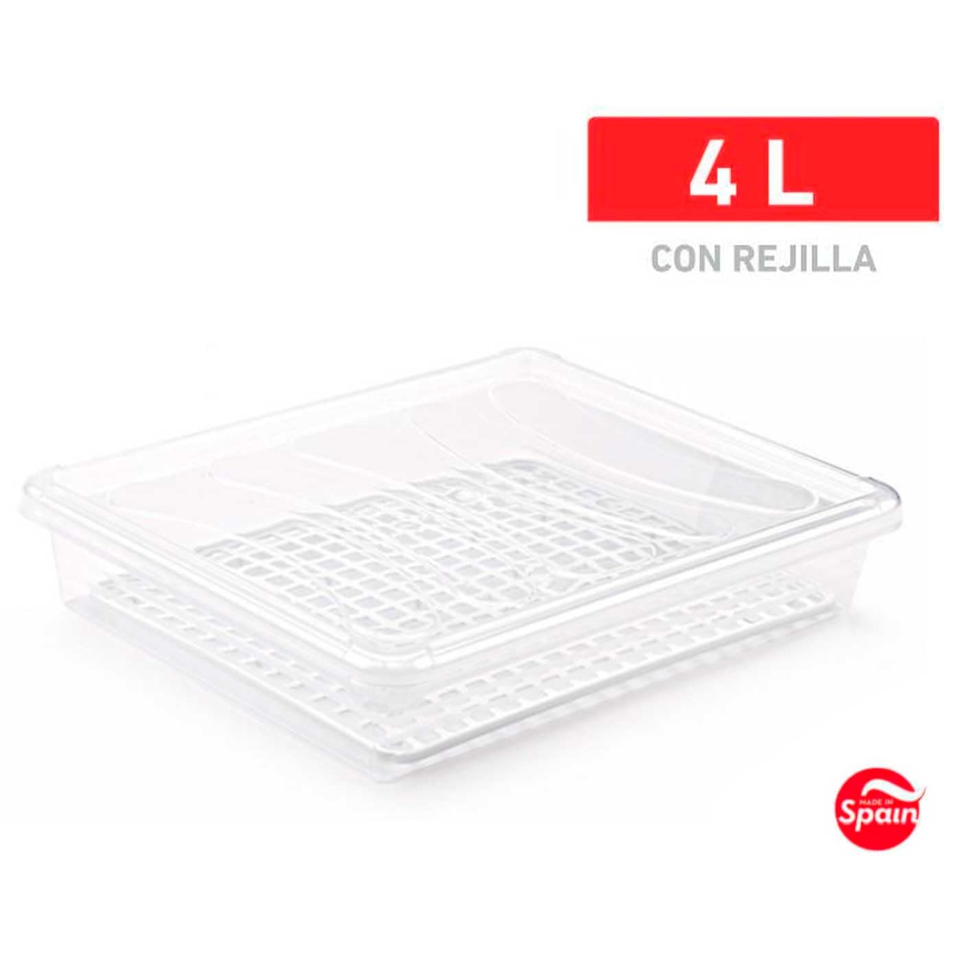 Tradineur - Pack de 6 bandejas frigoríficas de Almacenamiento con Tapa y Rejilla, plástico, Reutilizable, descongelar Alimentos, Fabricado en España - 4 litros - 35 x 27,5 x 6,5 cm - Transparente