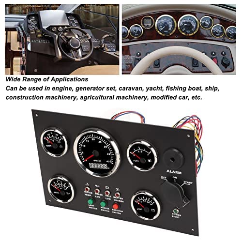 Marine Instrument Panel with 5 Gauges - Tachometer Fuel Level Water Temperature Oil Pressure Voltmeter Durable Aluminum Alloy Panel IP67 Waterproof Easy Installation for Engine Yacht Fishing Boat Ship