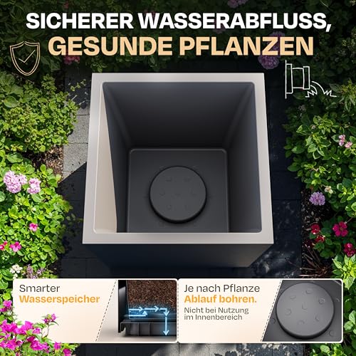 Ondis24 Pflanzkübel Vulkan Pierre 50, Blumentopf 50 x 50 cm, Garten Blumenkübel, Schiefer Optik Pflanzkübel mit Wasserspeicher, Pflanzenkasten hoch, Winterfest (Anthrazit)