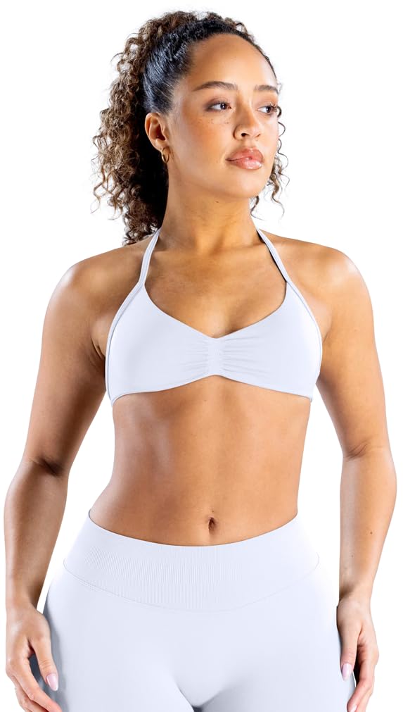 TRYTO Impact Strappy Bra Backless Halter Sports Yoga Top Women Workout Fitness Gym Outdoor Front Motion Scrunch Tops