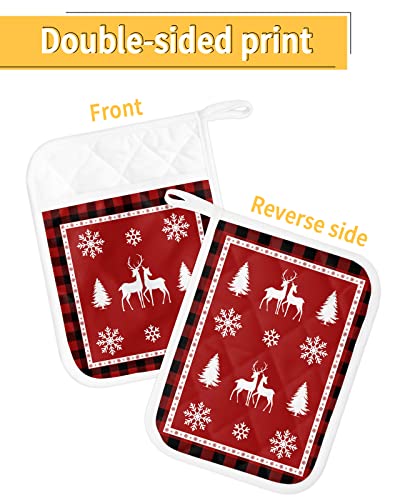 Xmas Tree Reindeer Pot Holders With Pocket For Kitchen, Heat-Resistant Potholders Set Of 2, Hot Pads Oven Mitts With Hanging Loops For Home Cooking Baking Microwave, Christmas Snwflake #TOP1