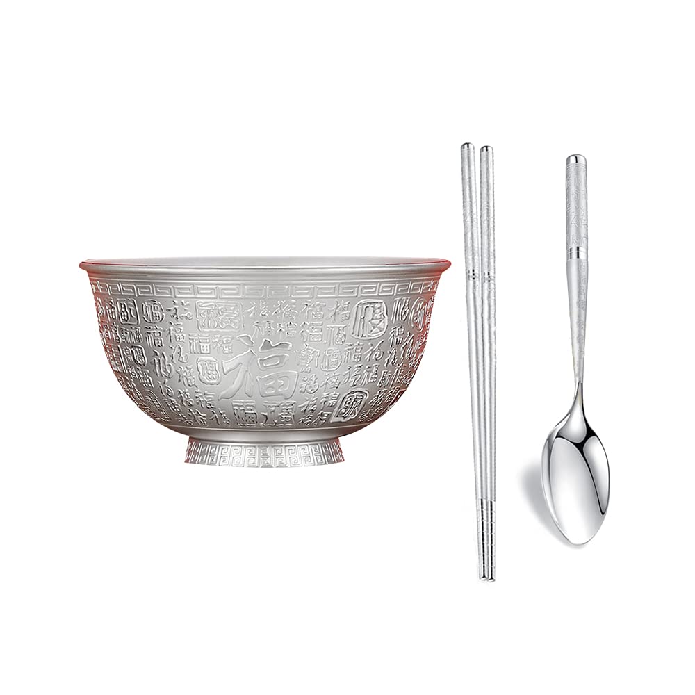 Bol à Grains en Argent Sterling, Bol de Dessert de Fruits à Salade, Bol à Riz Nouilles, Bol à Soupe, Isolation Thermique Anti-brûlante Double Couche,Three Piece Set