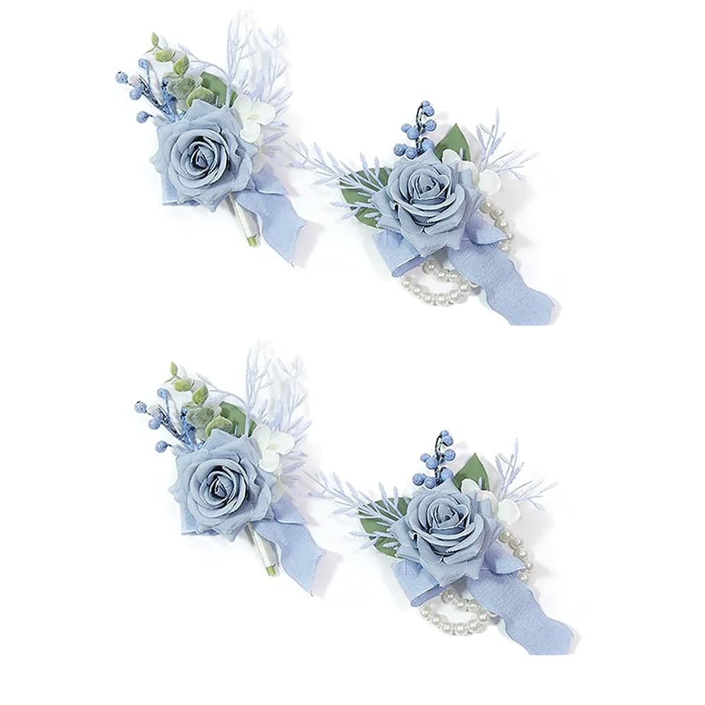 Desikixudy Juego de 4 pulseras de ramillete y boutonniere azul polvoriento, flores artificiales para baile de graduación