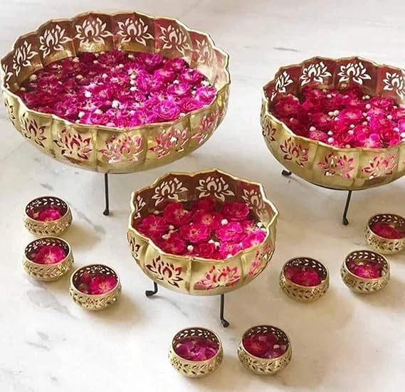 Indo Art Collection Iron Lotus Urli with Stand, Pot for Floating Flower/Candle, Festive Decor Set of 13 Pieces, 14/12/10 Sizes with Stand, 7 Votive Small Bowls 3.5 inch Each, Golden, 14 Cubic Inches (B0D9LK81WW) Amazon Price History, Amazon Price Tracker