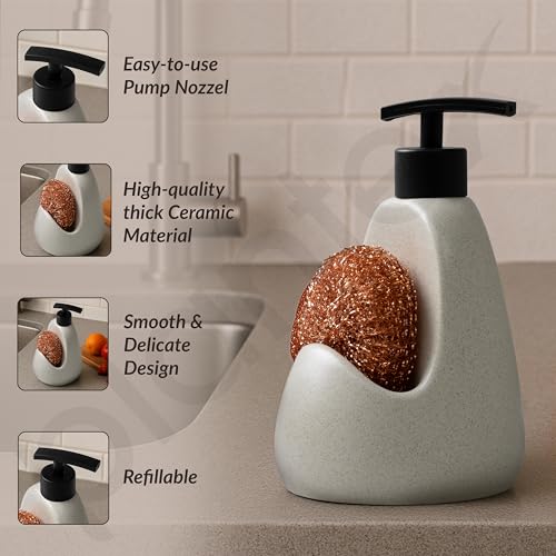 Image of Plantex Ceramic Soap Dispenser with Scruber /Sink Dish Washing Liquid Soap Dispenser for Wash Basin - Bathroom Accessories - (Beige and Black)