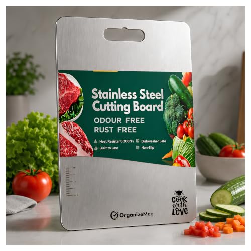 OrganizeMee Stainless Steel Chopping Board for Kitchen Heavy-Duty Cutting Board for Vegetables Fruits Cutter Meats vegitable Chopper Boards Premium Metal Chopping Board (Medium) (31.8CM X 21CM)